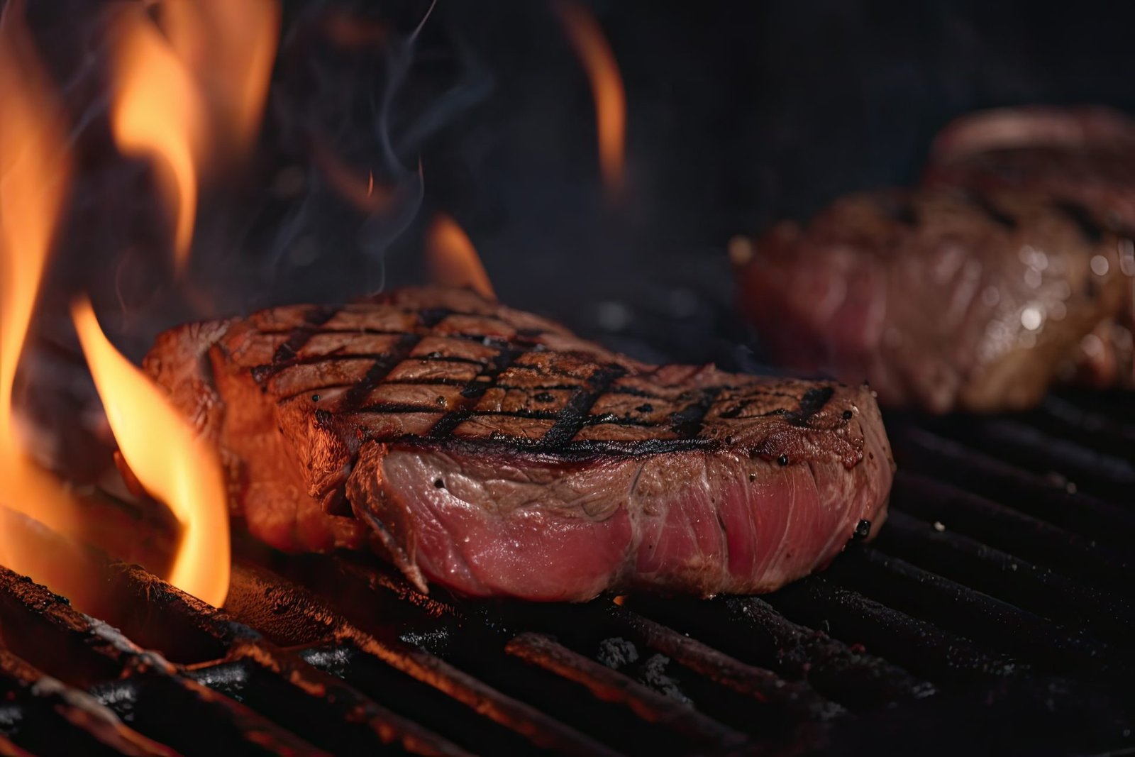 Bife selado na parrilla com chamas e fumaça